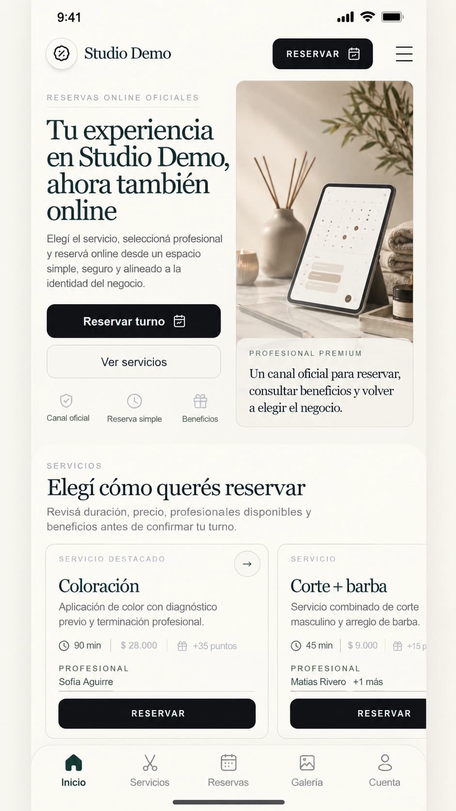 Página de reservas de Studio Demo en Epistro, vista móvil