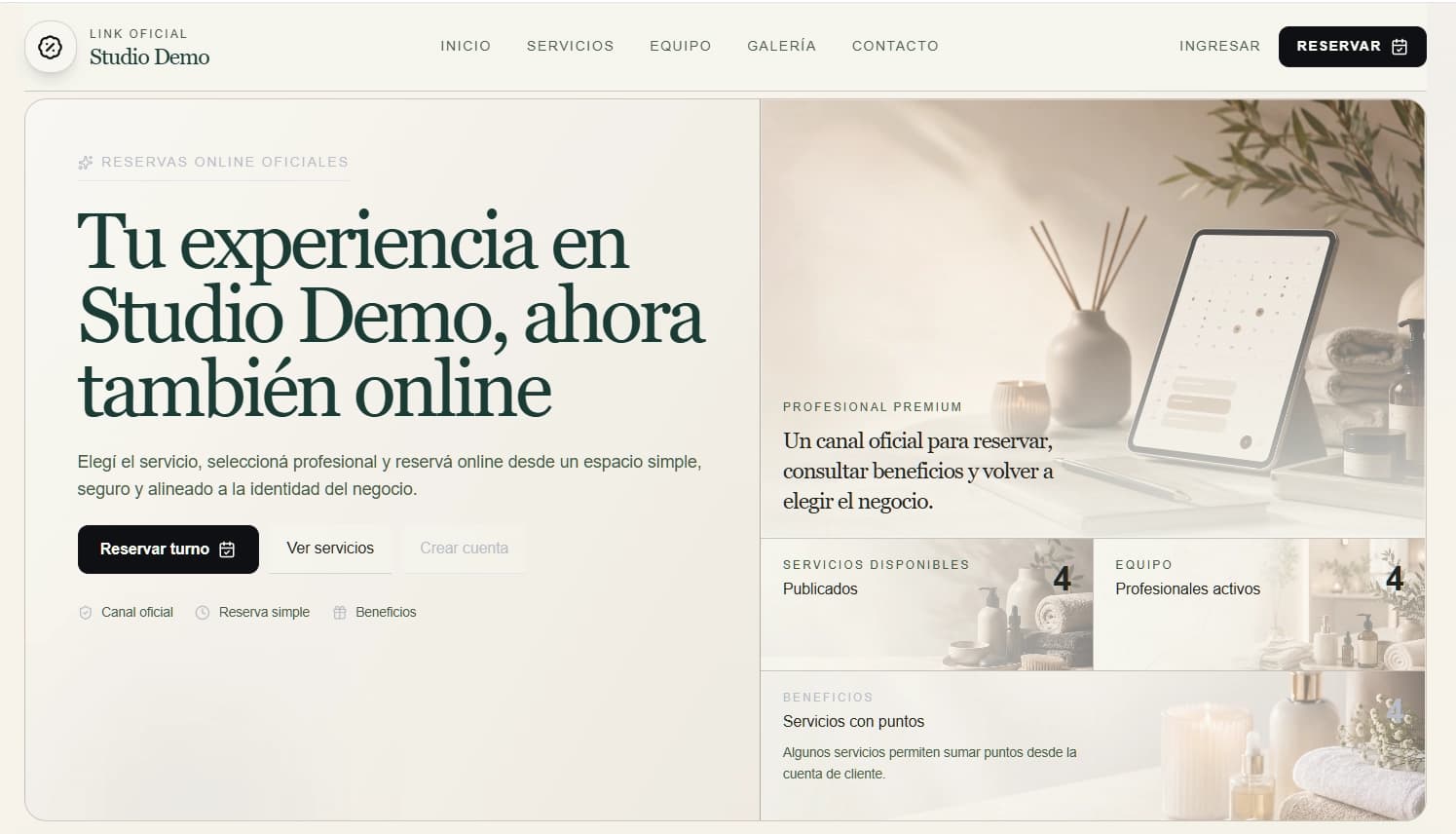 Página de reservas de Studio Demo en Epistro, vista de escritorio